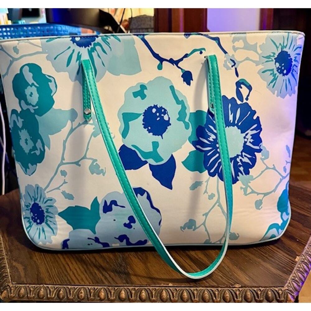 Kate Landry Floral Tote Bag Blue Green White Summer Beach Shoulder Bag - Picture 9 of 11